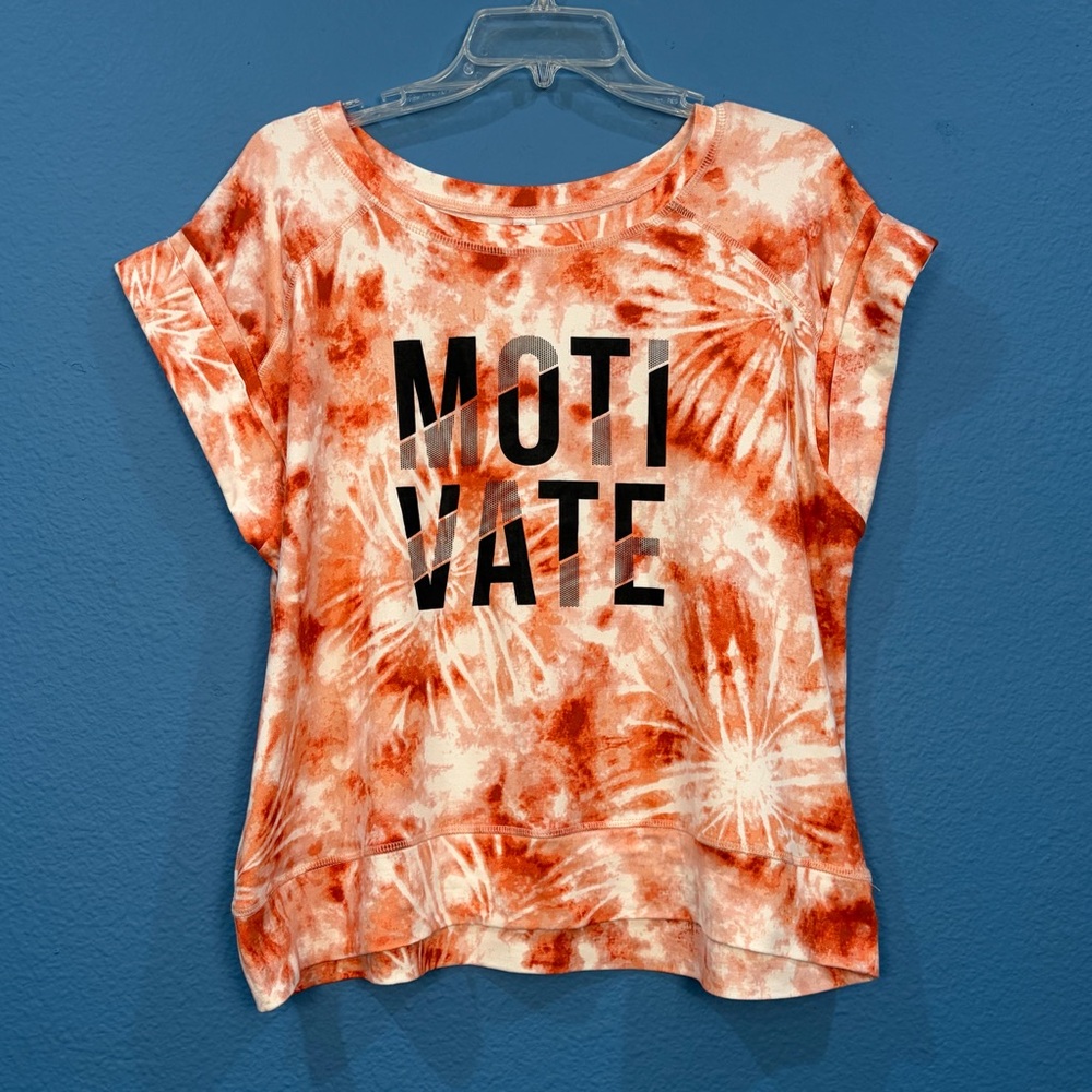 Guru G Active Orage Tie-Dye Motivate Workout Top Women Sz XL Rolled Sleeves